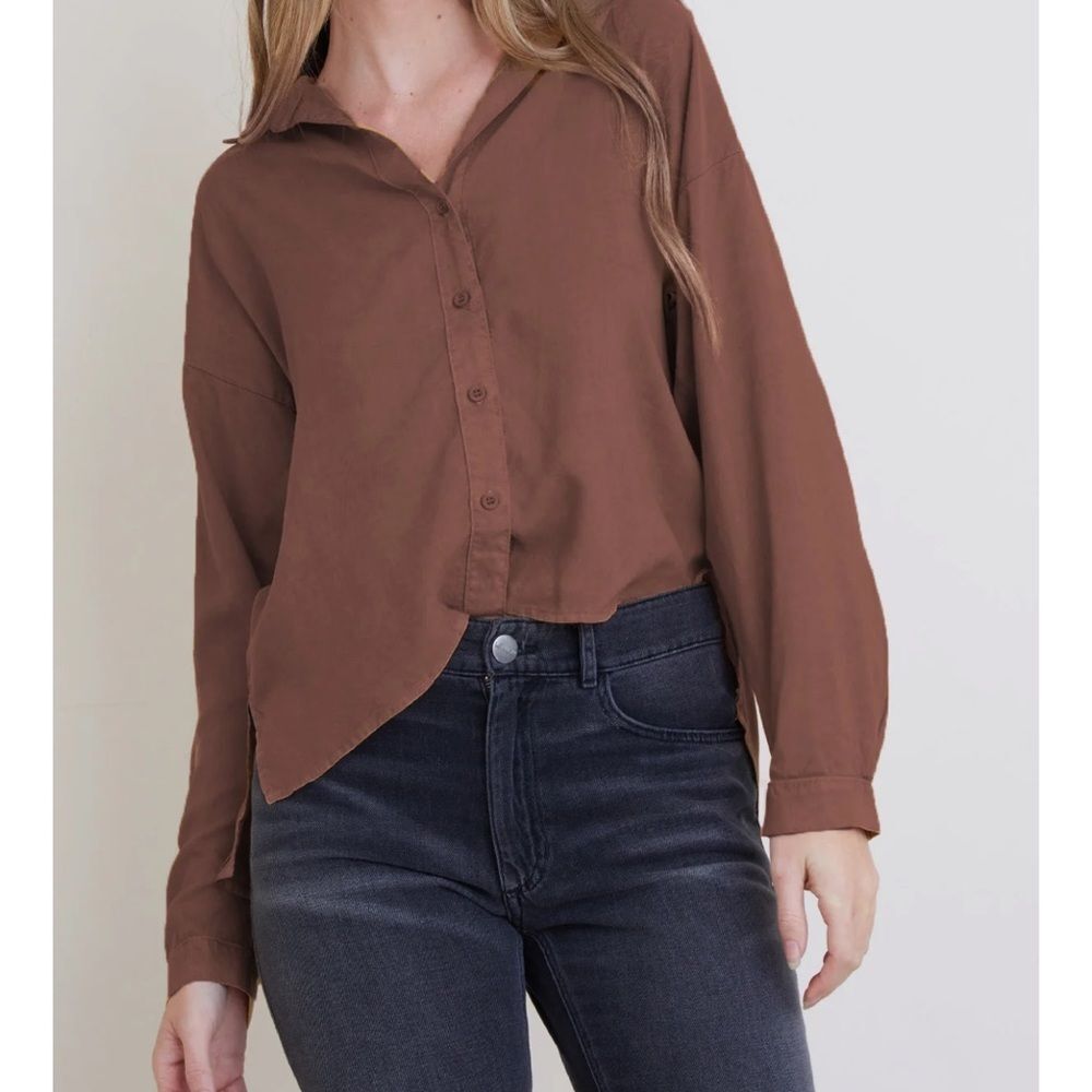 Bella Dahl Hi-Lo Tencel button down long sleeve Shirt fall fashion brown
